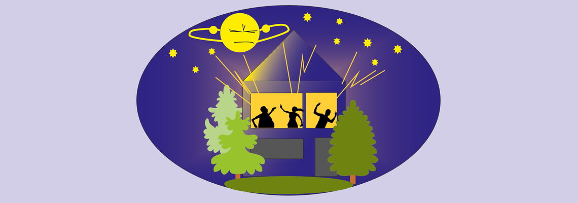 Eine Grafik zeigt den nächtlichen Partylärm in einem Haus. Der Mond hält sich die Ohren zu.
